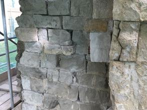 South face of Wardrobe Tower during re-pointing in April 2017